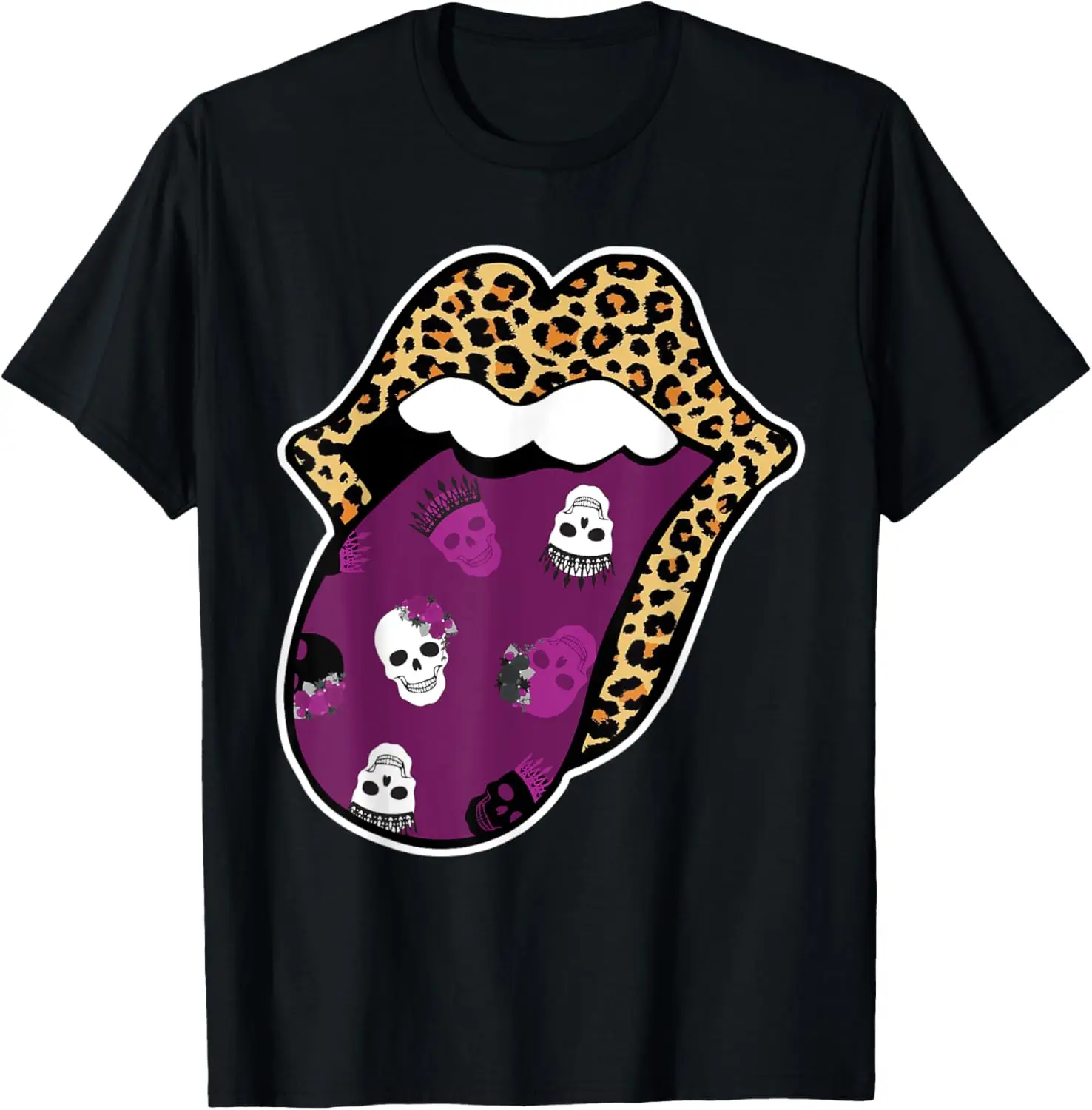 Leopard Lips Skulls Roses Crown Purple Tongue Sticking Out T-Shirt