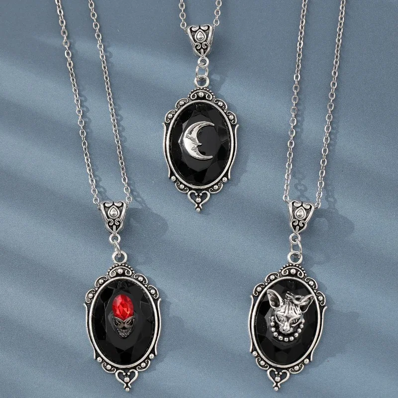 1pair Halloween Earrings with Black Synthetic Gemstone Cat &Moon Decor Pendant Jewelry Necklace