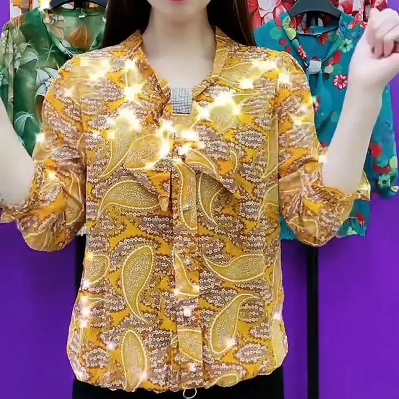 Blusa Paisley floral vintage estampada para mulheres, laço casual com decote em v, roupa feminina manga 3/4, camisa de diamantes, moda primavera e verão