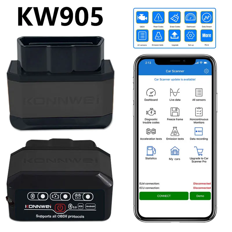 

KONNWEI KW905 ELM327 V1.5 Bluetooth 5,0 OBD2 сканер для Android/IOS ELM 327 OBD 2 автомобильные диагностические инструменты считыватели кодов kw905