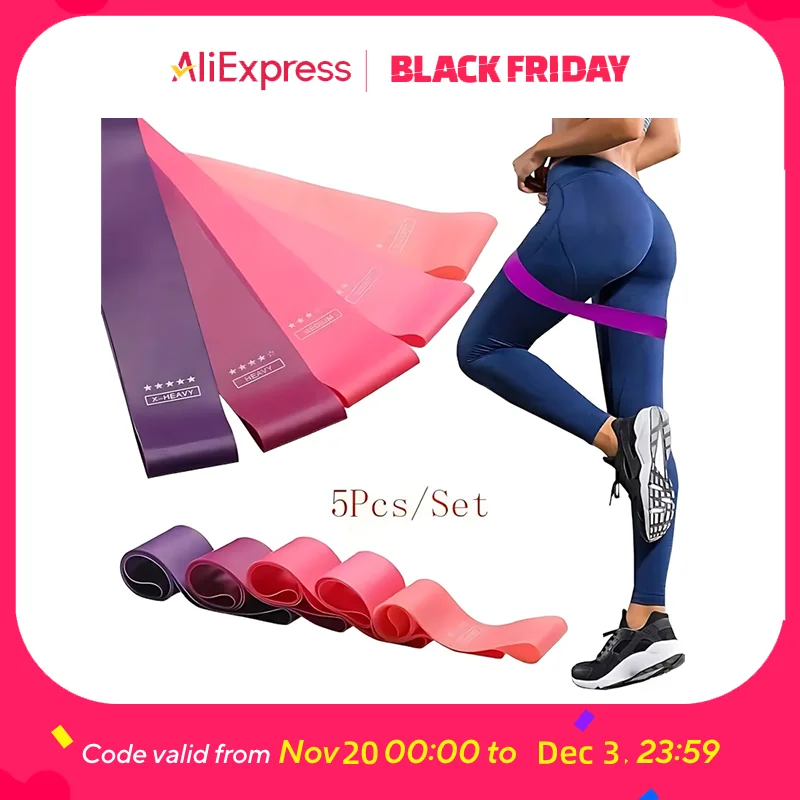 مجموعة من 5 أربطة الغنيمة الوردية للمصاعد والتنغيم - حلقات مرنة غير قابلة للانزلاق لصالة الألعاب الرياضية المنزلية والسفر - متضمنة دليل التمرين