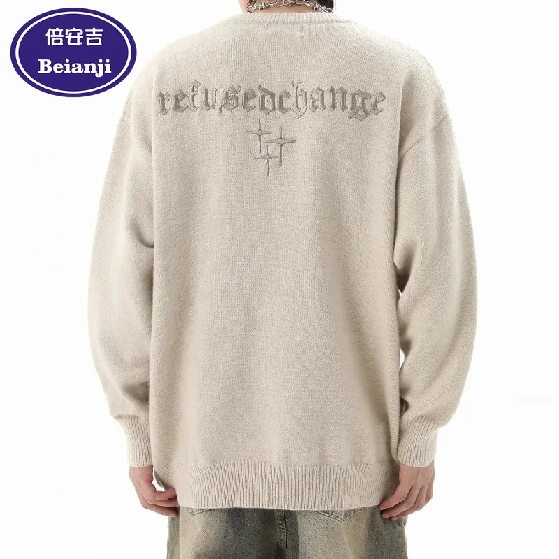 

Beianji Sweater fashion brand American street embroidery men's lazy winter vintage loose long-sleeved crewneck pullover sweater