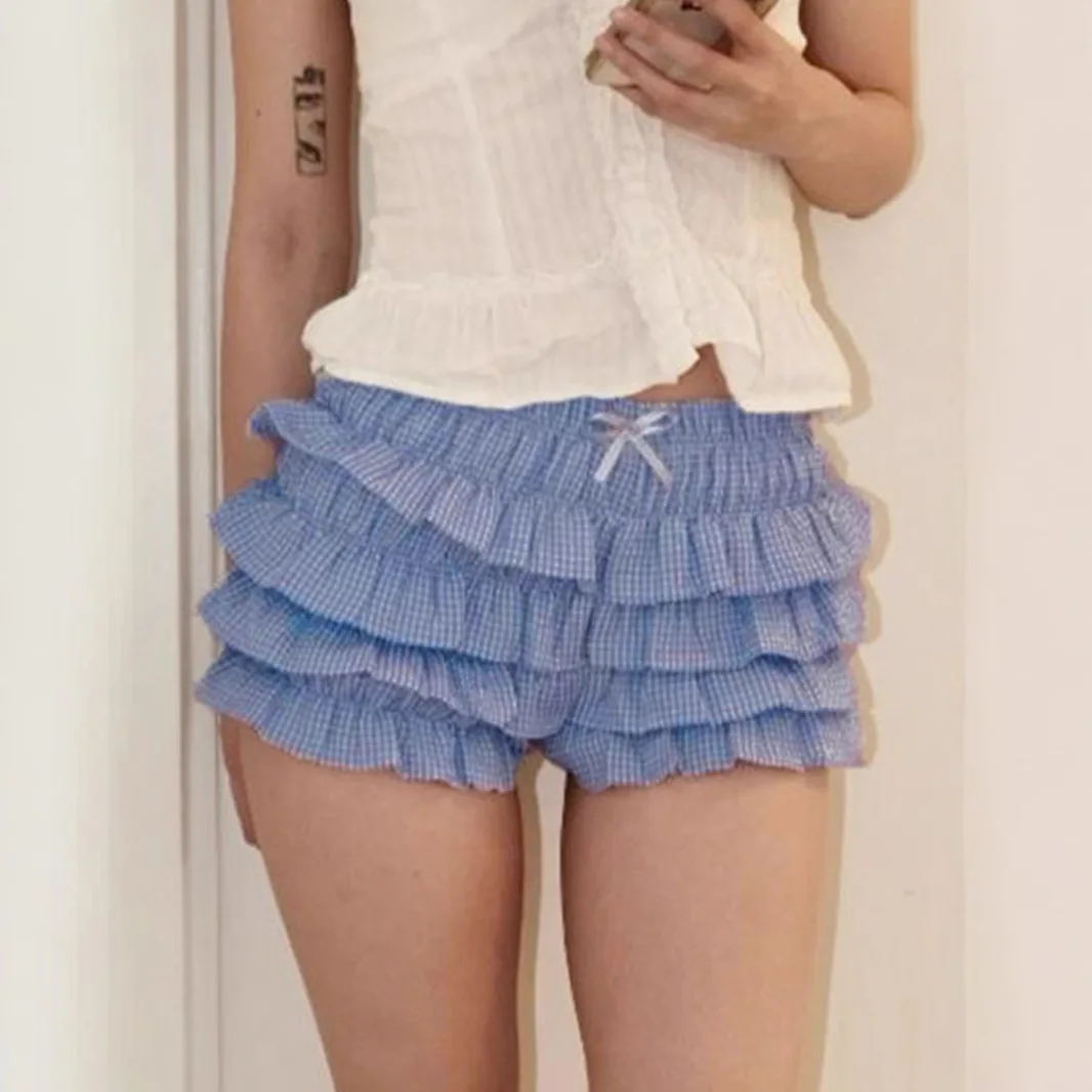 Girls Plaid Layered Cake Skirt Shorts Bow Low Waist Elastic Summer Casual Shorts New
