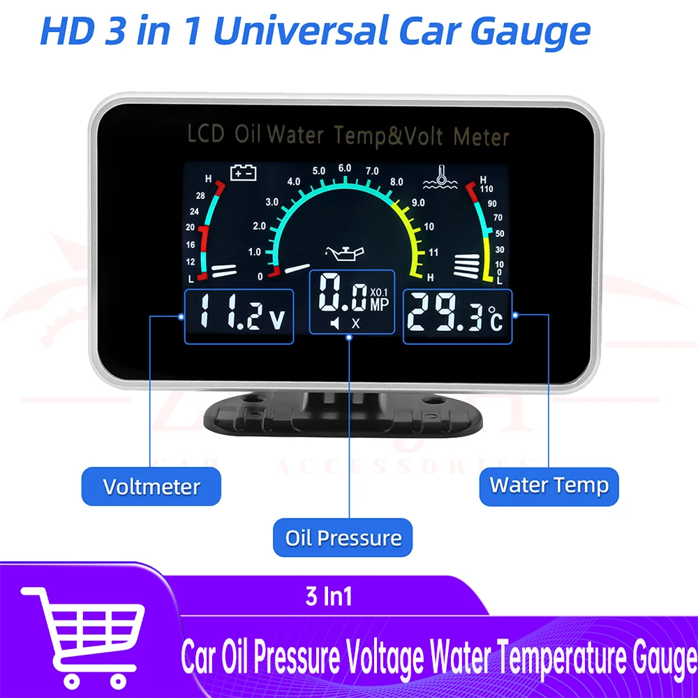 

3 In1 Car LCD Digital Water Temprature Oil Pressure Gauge Voltmeter With Alarm 1/8NPT Water Temp Sensor For Car Truck 12/24V