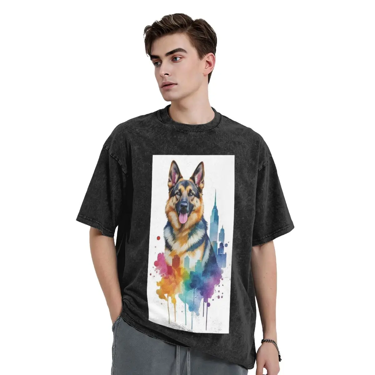 

Акварельный портрет немецкой овчарки, мытые футболки, винтажная футболка с короткими рукавами, уличная одежда, футболки для мужчин и женщин