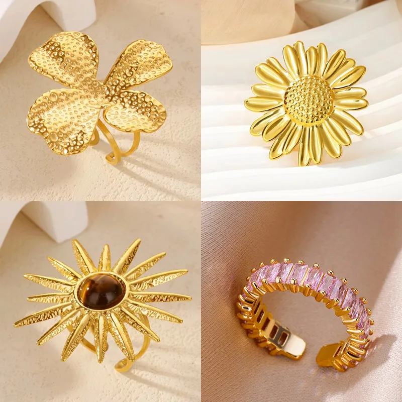 Übertriebene Big Bloom Blume Ringe Für Frauen Gold Farbe Edelstahl Sonnenblume Offenen Finger Ring Weibliche Mode-Schmuck Geschenke