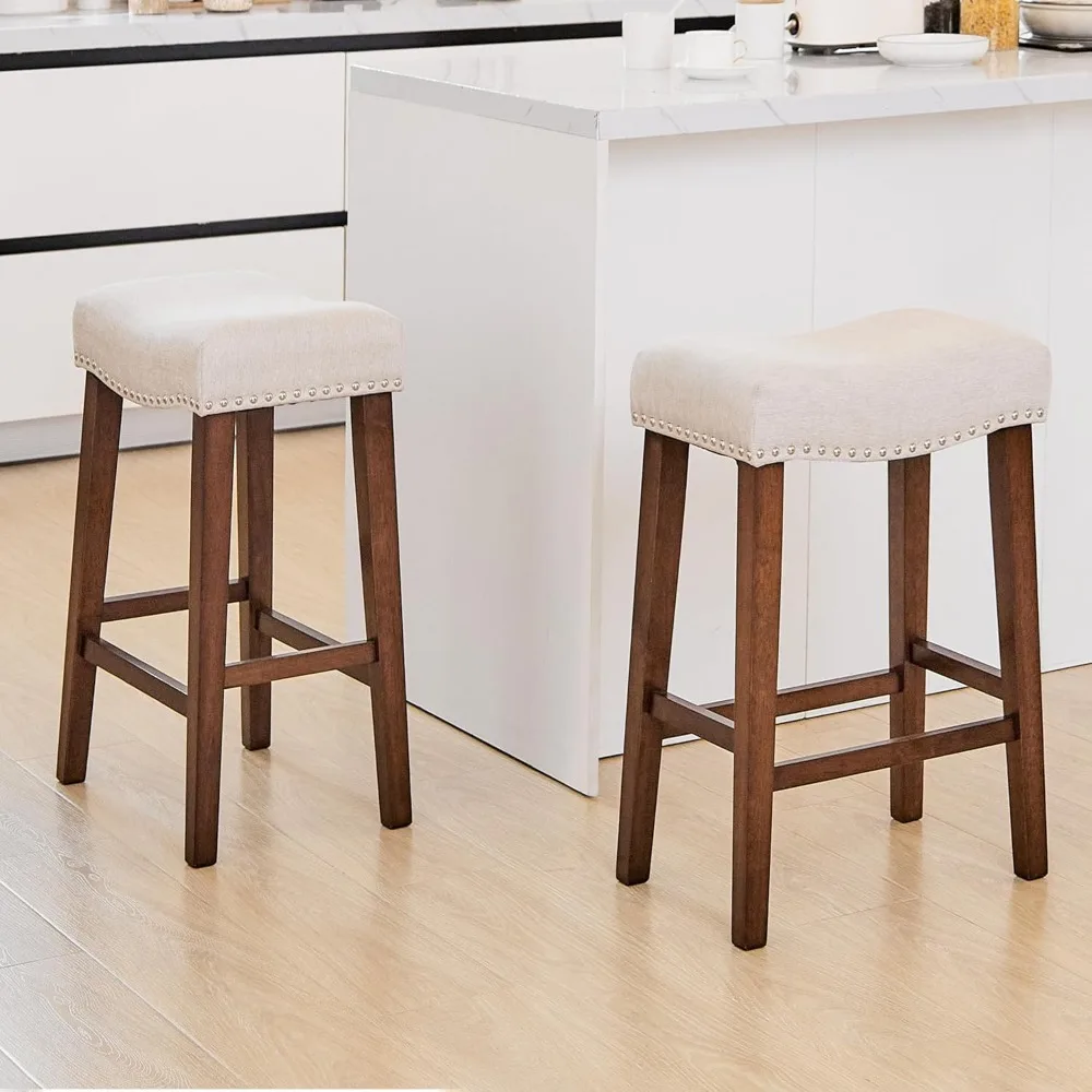 

Counter Height Bar Stools Set of 2 - Backless Saddle Barstools with 4.3" Thick Upholstered, Nailhead Trim Linen Fabric