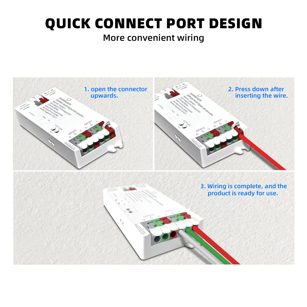 DOMRAEM ESP8266 WLED Addressable LED Strip Controller USB-C5V/5A DC5-24V 16A ,Supports 800 RGB IC LEDs,Works with MQTT,HA,Alexa