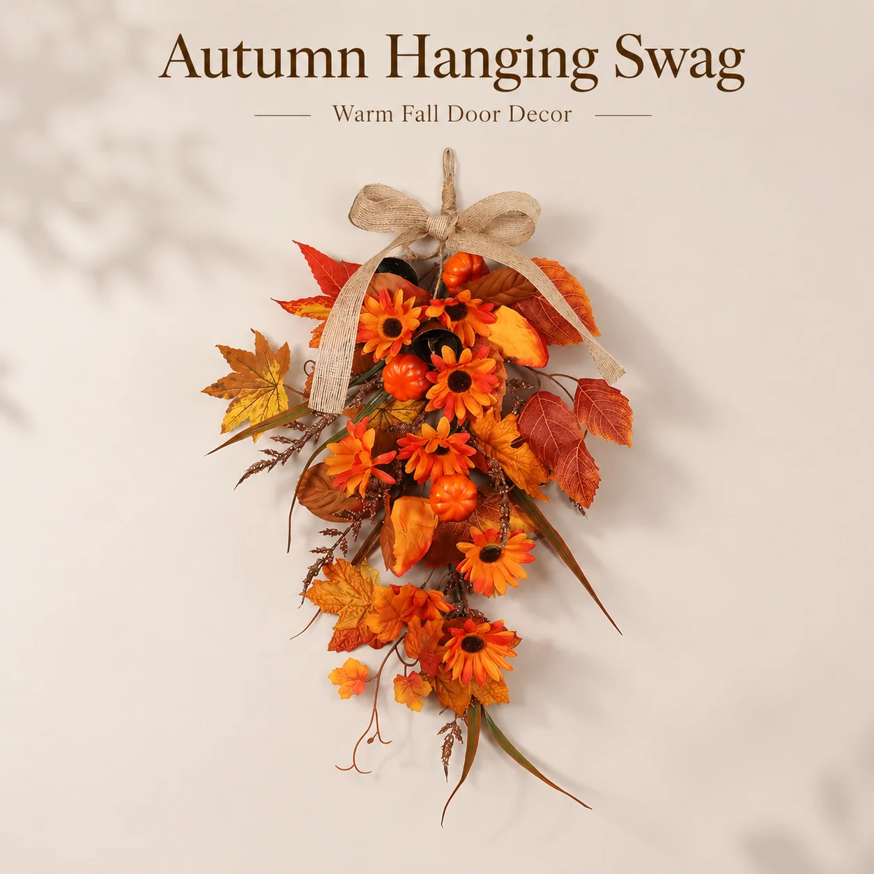 Hoyvjoy 45cm Pumpkin Fall Door Swag with Bow, Autumn Front Door Decor for Thanksgiving Harvest Halloween