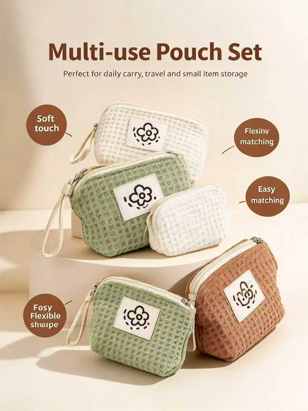 Matcha Green Small Makeup Pouch Portable Coin Wallet Commute Lipstick Earphone Holder Double Sided Canvas Chain Key Bag