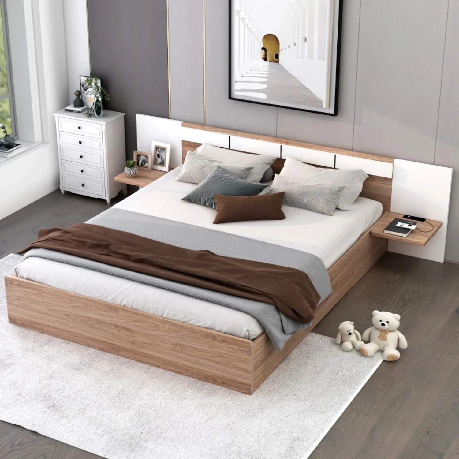 Queen Size Platform Bed w/Headboard/Drawers/Shelves,Multifunctional Flat Bed Frame w/USB Ports and Sockets,Natural