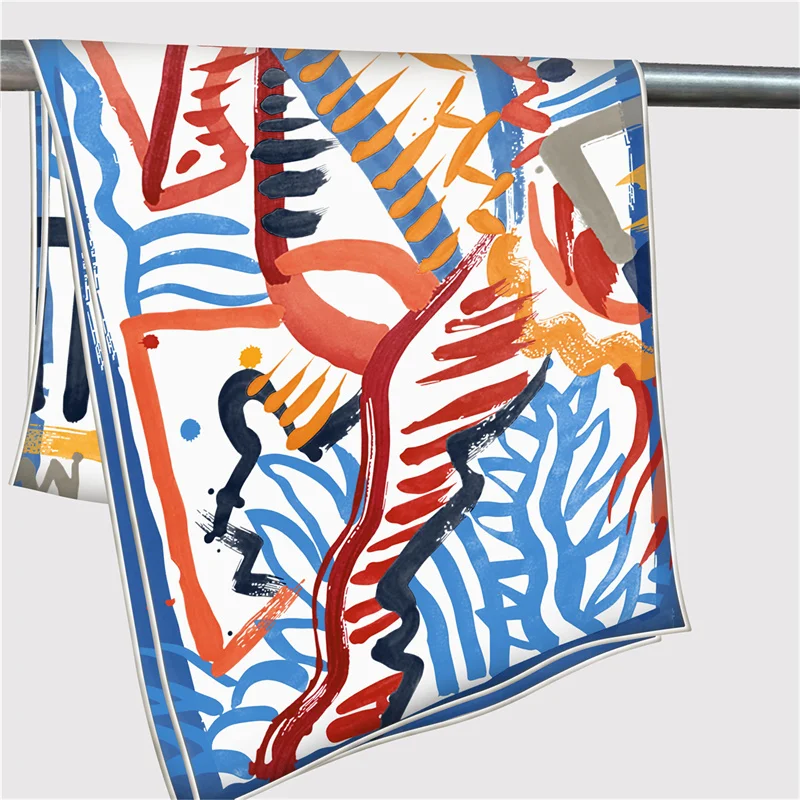 Pobing Twill Seiden schal Frauen Poncho Hand gerollt Graffiti gedruckt lange Schals Wraps Bandana großen Schal Hijabs weibliche Foulards – Detail 15