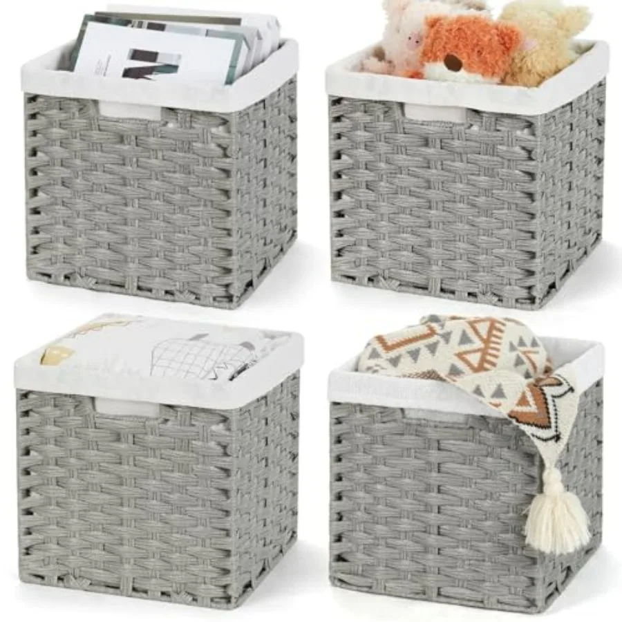 

11 inch 4 Pack Light Grey Hand-Woven Imitation Wicker Cube Baskets with Liners for Shelves Closet Pantry Bedroom Storage Organi