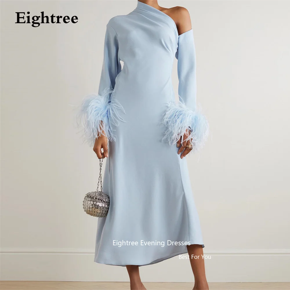 

Eightree Sky Blue Prom Dresses Vintage Long Sleeves Feathers Tea Length Formal Evening Dresses Leg Slit Robes De Soirée 2023