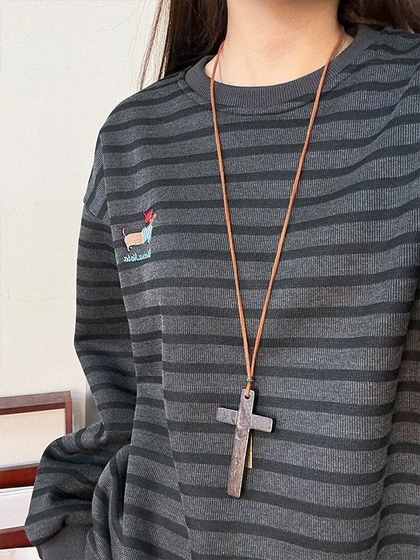 

Thiened Fce Lined Embroidered Sweatirt Men's Loose Fit round Ne Stripe Dachund Dog Lazy Base irt Casual Top