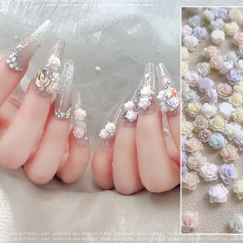 100/50Pcs Vintage 3D Resin Rose Camellia Nail Charms Colorful Halo Dye Flower Decor Design DIY Manicure Jewelry Accessories
