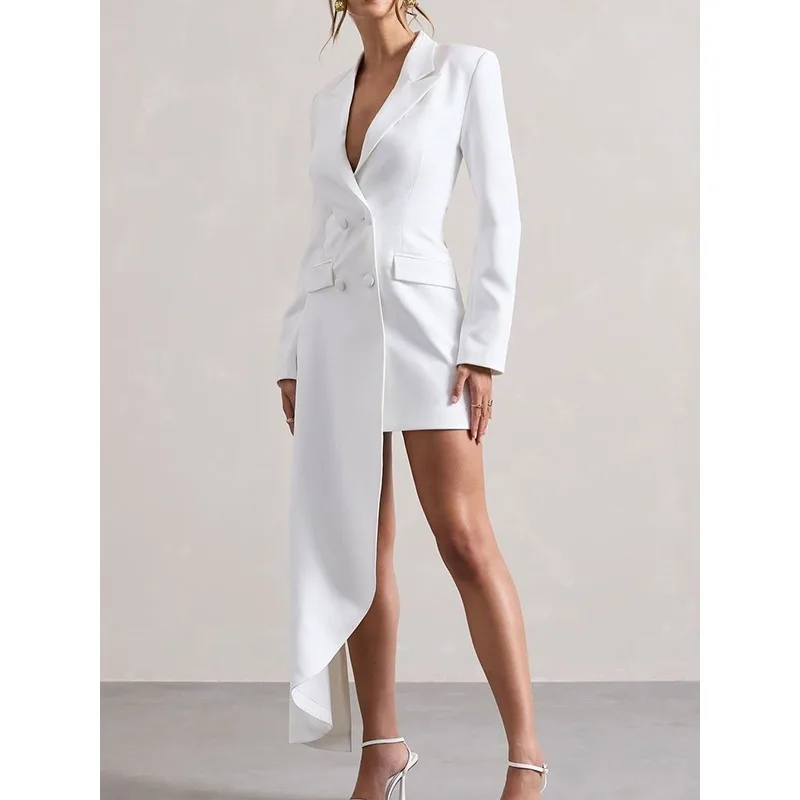 ブラック アシンメトリー ロングドレス レディース 2025 おしゃれ ノッチド 長袖 ボタンポケット ビジネス ワークウェア ミディドレス 177362