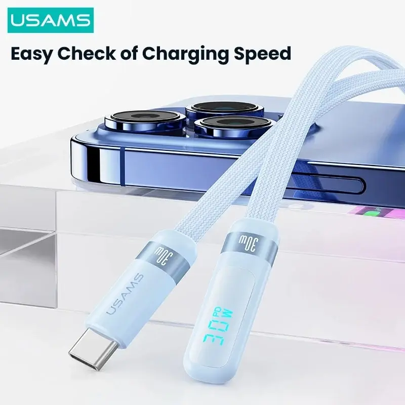 USAMS Elbowed USB Type C to iPhone Cable For iPhone 14 Pro Max 13 Digital Display PD 30W Fast Charging 90 Degree Gaming Cable