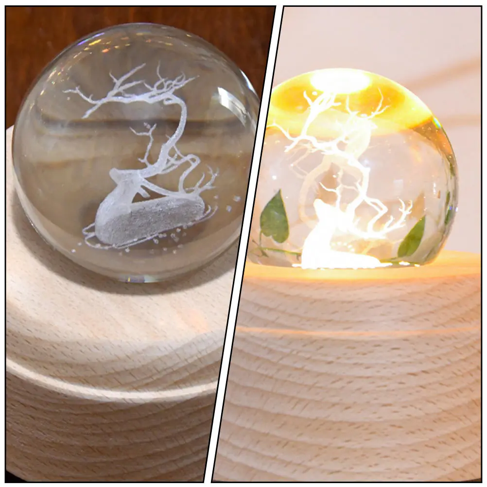 

1Set Elk Inside Crystal Ball Music Box Carved Rechargeable Projection Night Light LED Desktop Decor Wood Base Practical Night