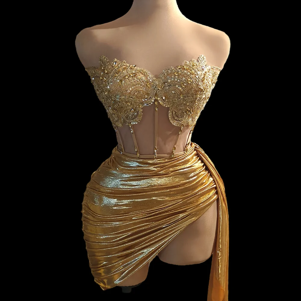 Luxe Gouden Diamant Formele Gelegenheid Cocktailjurk 2-delige Set Prom Gown Outfit Sexy Meisjes Korte Prom Jurk Verjaardag Mini Jurk