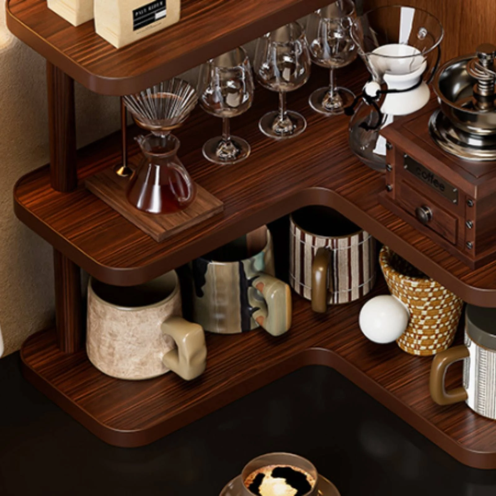 Desktop Organizer Space-Saving Corner Organizer Corner Shelf Small 3-Tier Rack Wood-Grain for Countertop, Coffee Station