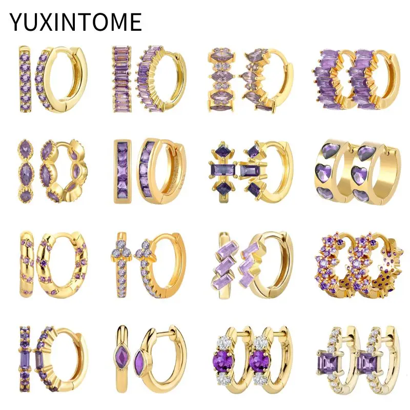 

925 Sterling Silver Ear Needle Luxury Purple Crystal Hoop Earrings Women's Exquisite Geometric Gold Earrings Fine Jewelry Gift