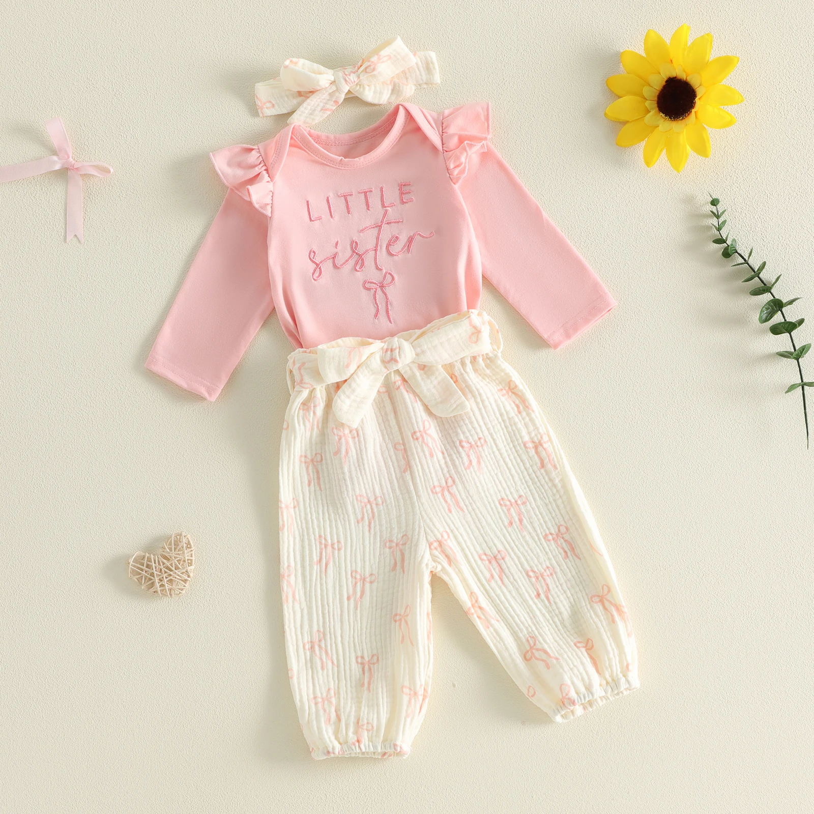 2pcs Set Baby Girl Fall Outfits Letter Embroidery Crew Neck Romper Pants Headband Girls Autumn Clothes Set
