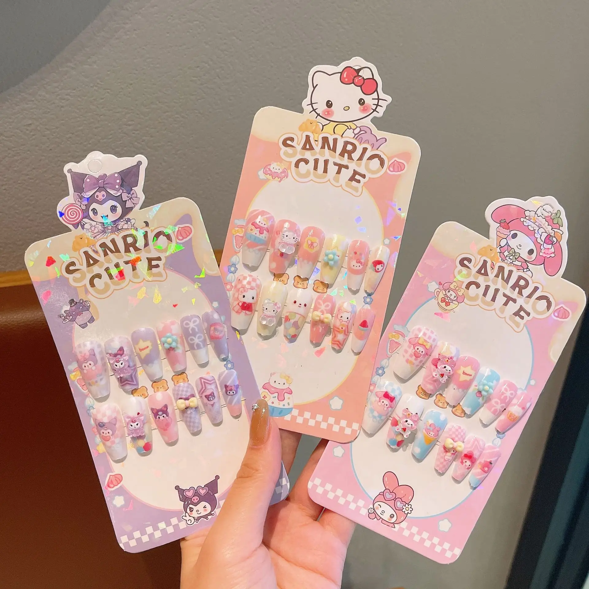 

Hello Kitty False Nails Cute Cartoon Kuromi Cinnamoroll Anime Girl&Child Nail Sticker Kawaii Fake Fingernails Holiday Gifts