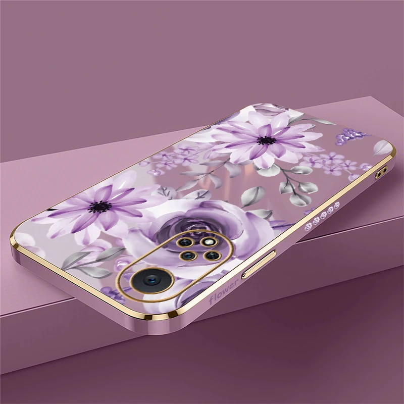 Custodia per telefono in silicone con protezione dell'obiettivo per Huawei Nova Y70 Plus 9 7i 5T 5i 8i 7 6 SE 3i 4e placcatura antiurto con stampa floreale