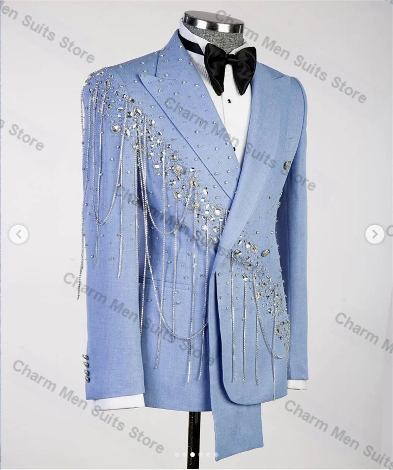 Crystals Blue Men Suits Pants Set 2 Pcs Beading Blazer+Trouser Customized Groom Wedding Tuxedo Cotton Formal Office Prom Jacket