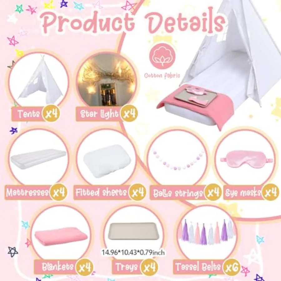 4 sztuki białych namiotów teepee dla dzieci na nocne przyjęcia, namiot na nocleg dla dziewczynek z materacem dmuchanym, pościelą i prześcieradłem z gumką