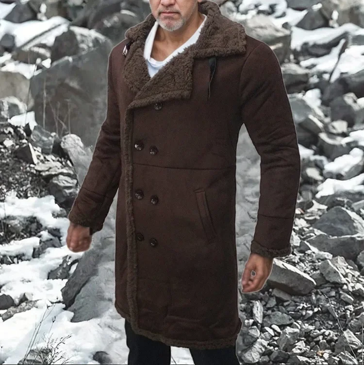 

European and American Men's New Fur-in-one Warm Lamb Wool Lapel Single-breasted Mid-length Overcoat for Severe Winter.