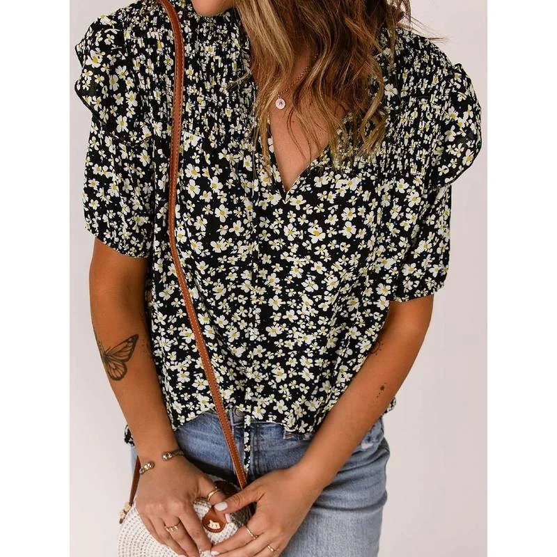 

Женская летняя новинка: свободный пуловер с V-образным вырезом, цветочный шифон, чистый стиль, искусственная кожа, классический крой, кружево, дизайн «снежинка»