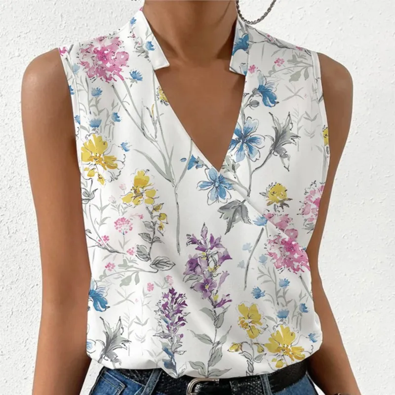 Summer New Women\'s Floral Printed V-Neck Sleeveless Top Shirt Casual Office Lady Pullover Slim Blouse Femme Blusas