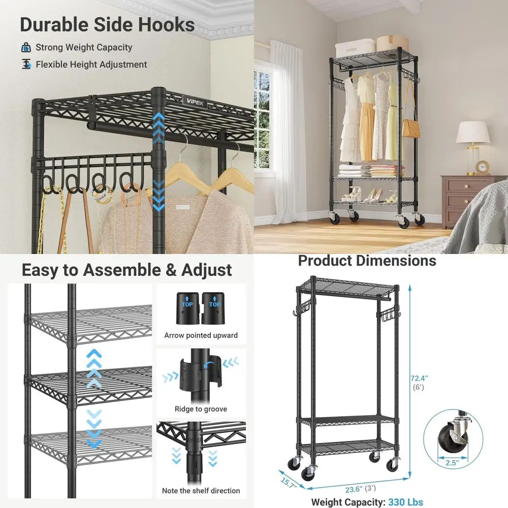 Appendiabiti medio R3 con ruote bloccabili, appendiabiti resistente con ripiani regolabili, asta per appendere e ganci laterali