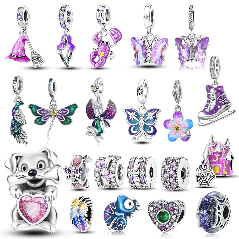 Lovely 925 Sterling Silver Purple Flying Witch Hat Broom Double Charm Fit Bracelet Necklaces Women's Jewelry