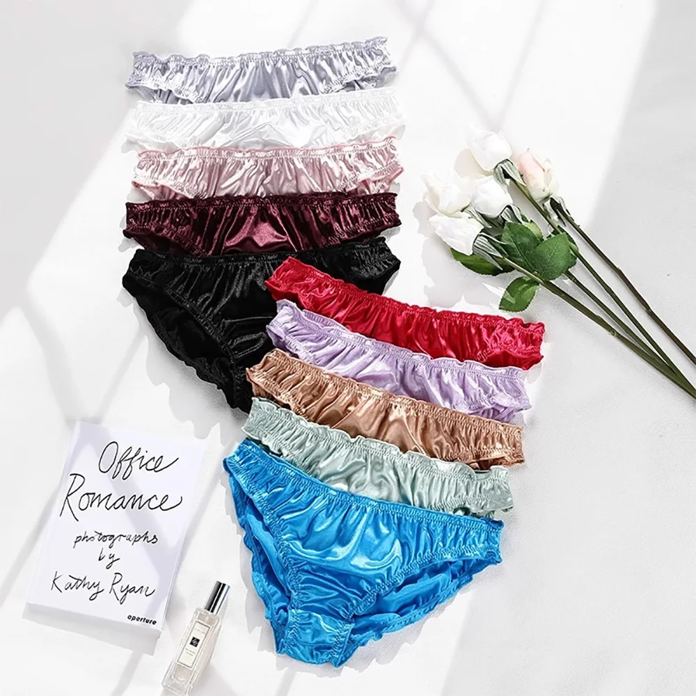 Women Elegant Ruffle Satin Panties Women Underwear Sex Low Waist Seamless Briefs Soft Silk Panties Light Breathable Lingerie New