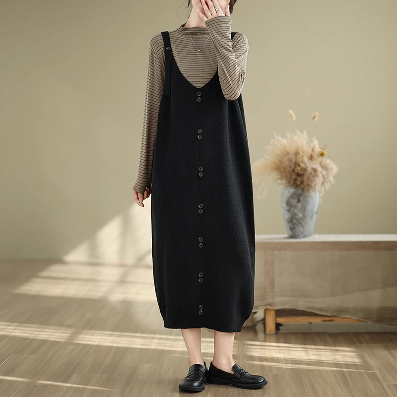 Large Size Women's Autumn Winter Knitted Dr Long Over-Knee Strap Sweater Dr Mid-Length Commute Sle Thi Cotton Polye...