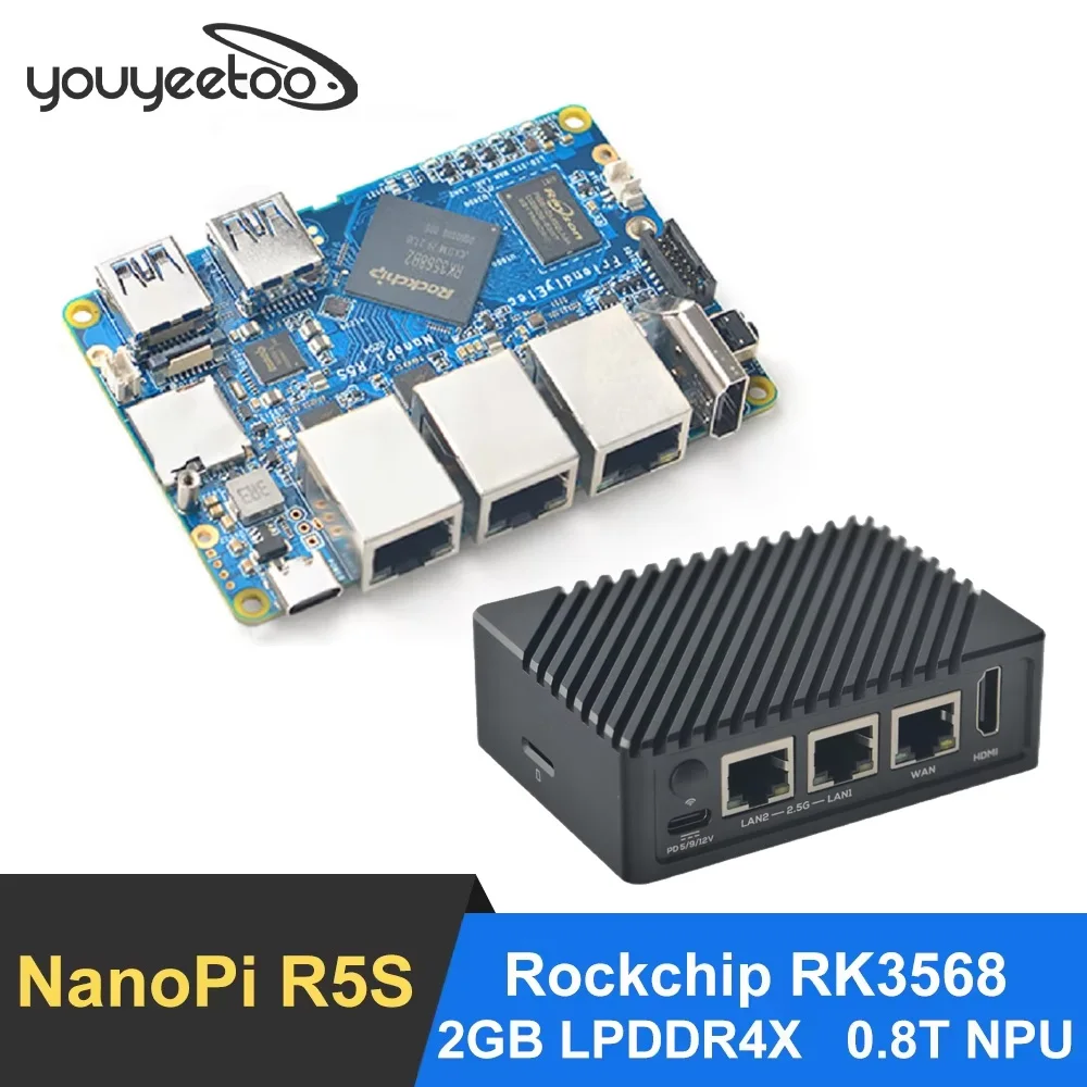 NanoPi R5S Development Boards Rockchip RK3568 SBC Quad-core ARM Cortex-A55 CPU 2GB + 8GB ondersteuning NVME, PCIe WiFi, 0.8T NPU