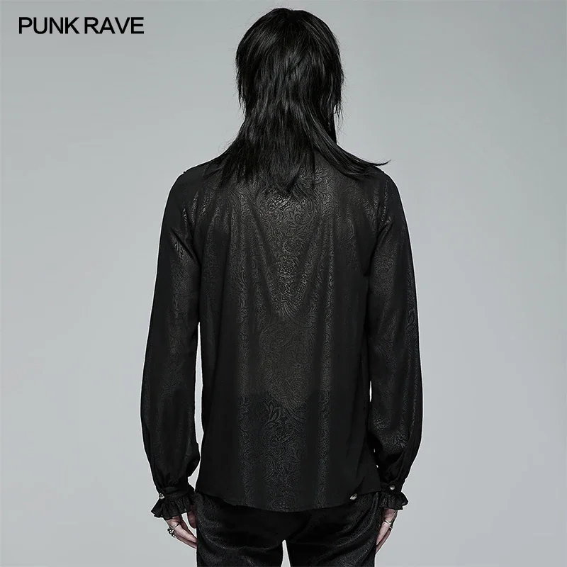 PUNK RAVE Men\'s Gothic Chiffon Printed Long Sleeve Shirt Ruffles Neckline Spring & Summer  Men Clothing