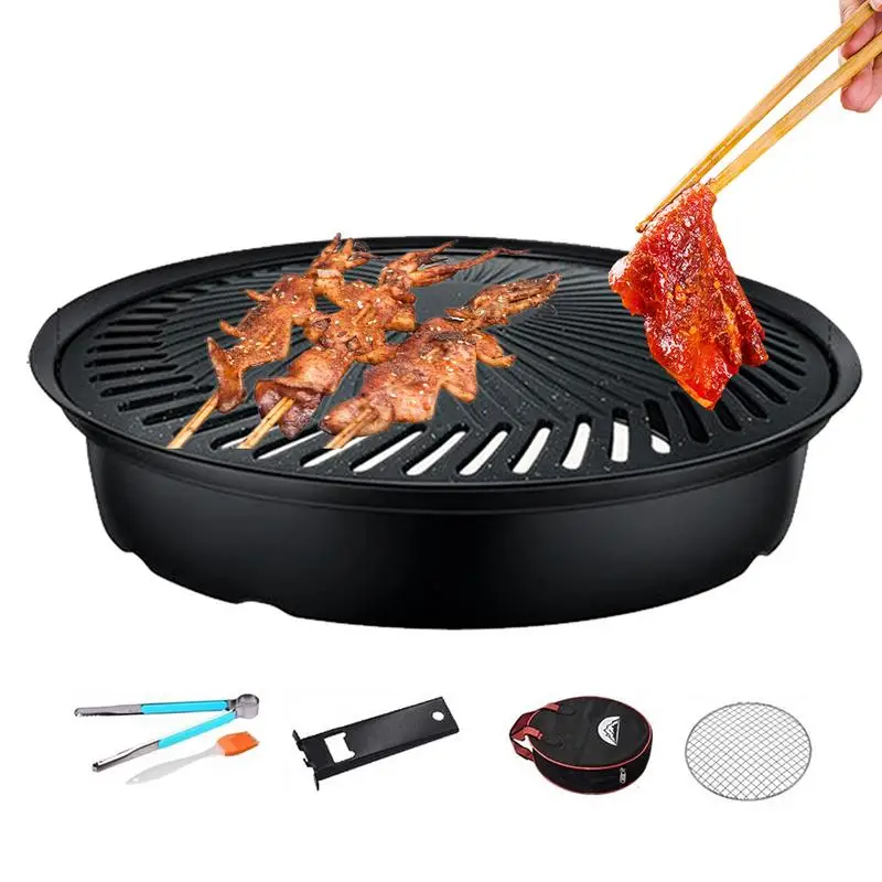 

Grill Pan For Indoor Cooking Non-Stick Barbecue Grill Pan Plate Includes Metal Tongs Portable Storage Bag Grilling Accessories