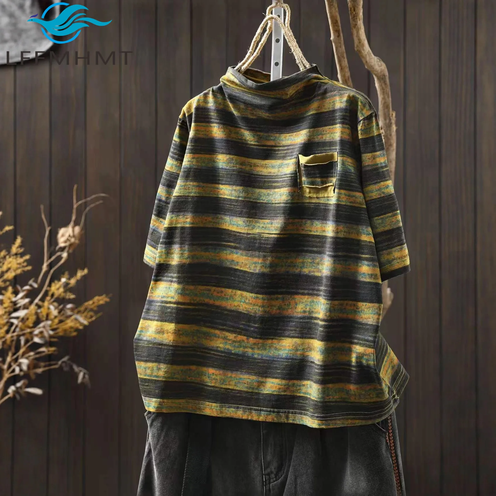 

Осенняя женская винтажная полосатая футболка с короткими рукавами и высоким воротником, модная удобная футболка-пуловер, повседневная одежда в полоску в стиле ретро