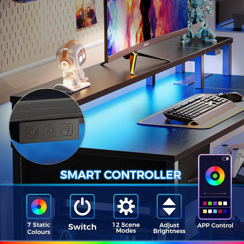 47 inch Reversible L Shaped Desk with LED Lights & Power Outlets, Computer Desk with Shelves & Monitor Stand, Gaming Desk