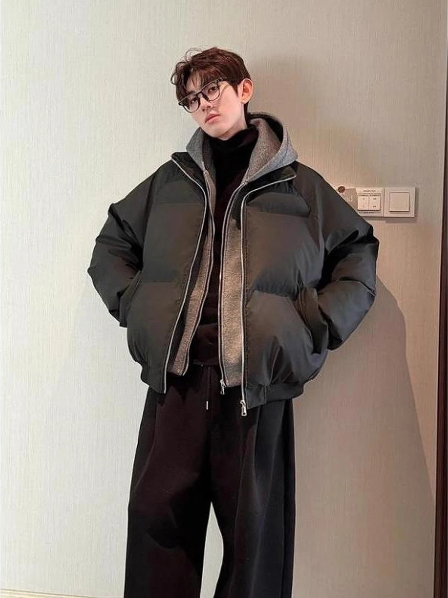 

Bla PU Leather Thiened Warm Hooded Cotton Jaet Men's Winter Coat Double Zipper Loose Fit Youth Faion Long Sve