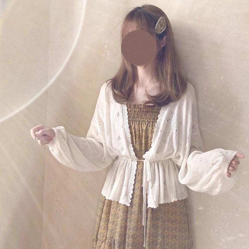 

Милый ажурный вязаный кардиган для женщин, осень 202, простой тонкий свитер с повязкой на талии и длинными рукавами, повседневные универсальные топы