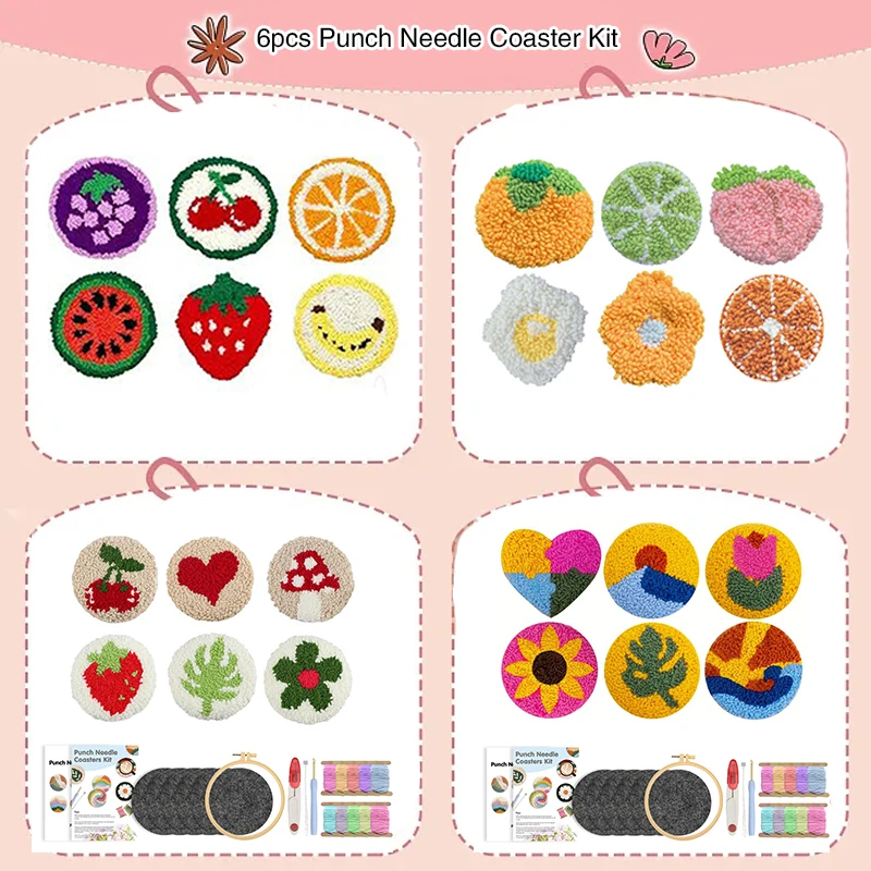 

6pcs Punch Needle Coaster Kit Flower DIY Embroidery Set Punch Needle Embroidery Kits Easy for Beginners Adults home Art decors