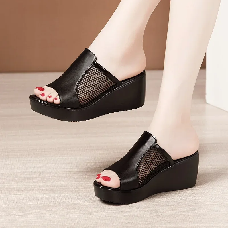 6cm Small Size 32-43 Breathable Mesh Leather Slippers Med Heels Shoes 2024 Summer Soft Leather Platform Wedges Slides Office Mom