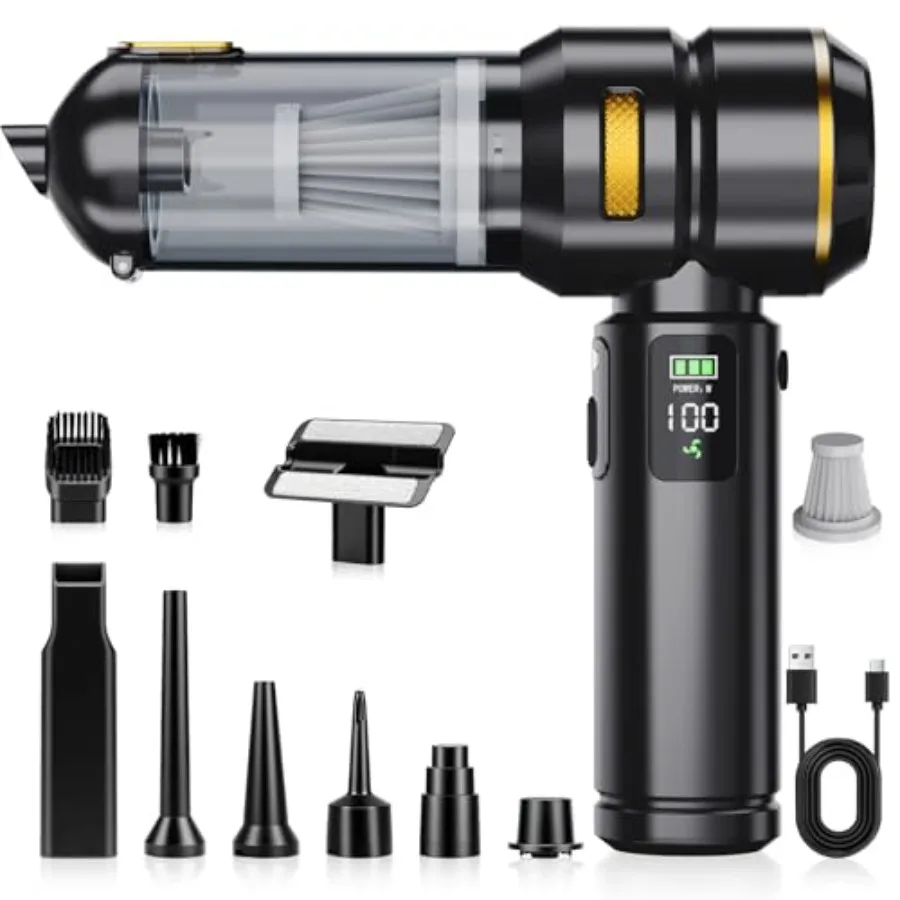 

Портативный беспроводной ручной пылесос для автомобиля с умным дисплеем, двойным режимом работы: всасывание и выдувание, 3-ступенчатая мощность всасывания, управление одной кнопкой