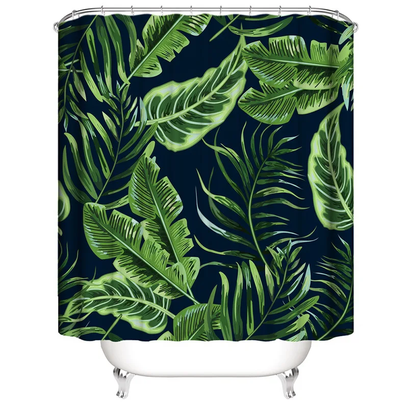 

Водонепроницаемая шторка для ванной из полиэстера с рисунком тропических зеленых растений, пальм и кактусов, с 12 крючками