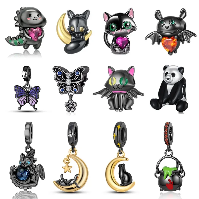 Sterling Silver S925 Black Cat Series Charm Beads for Original Bracelet Fine Jewelery Making Gifts for Women